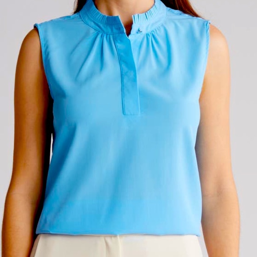 NWT Elie Tahari Ruffle Mock Neck Sleeveless Blouse in Blue Breeze